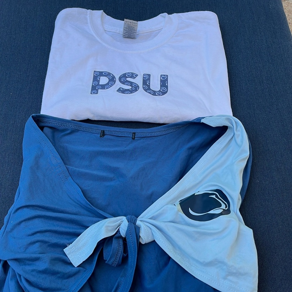 White Penn State T-shirt and Long sleeve crop top.